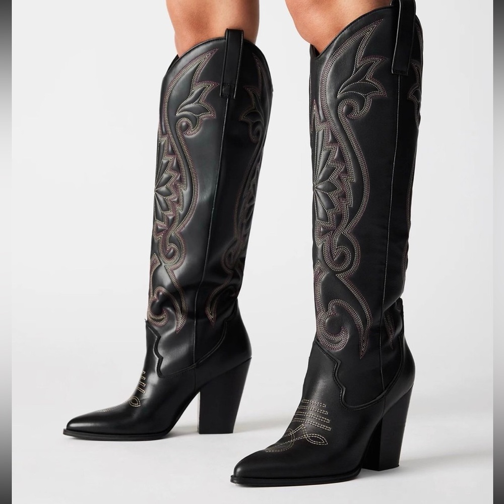 Steve Madden Lasso Black Knee High Cowboy Western Boots Shoes sz 8.5
